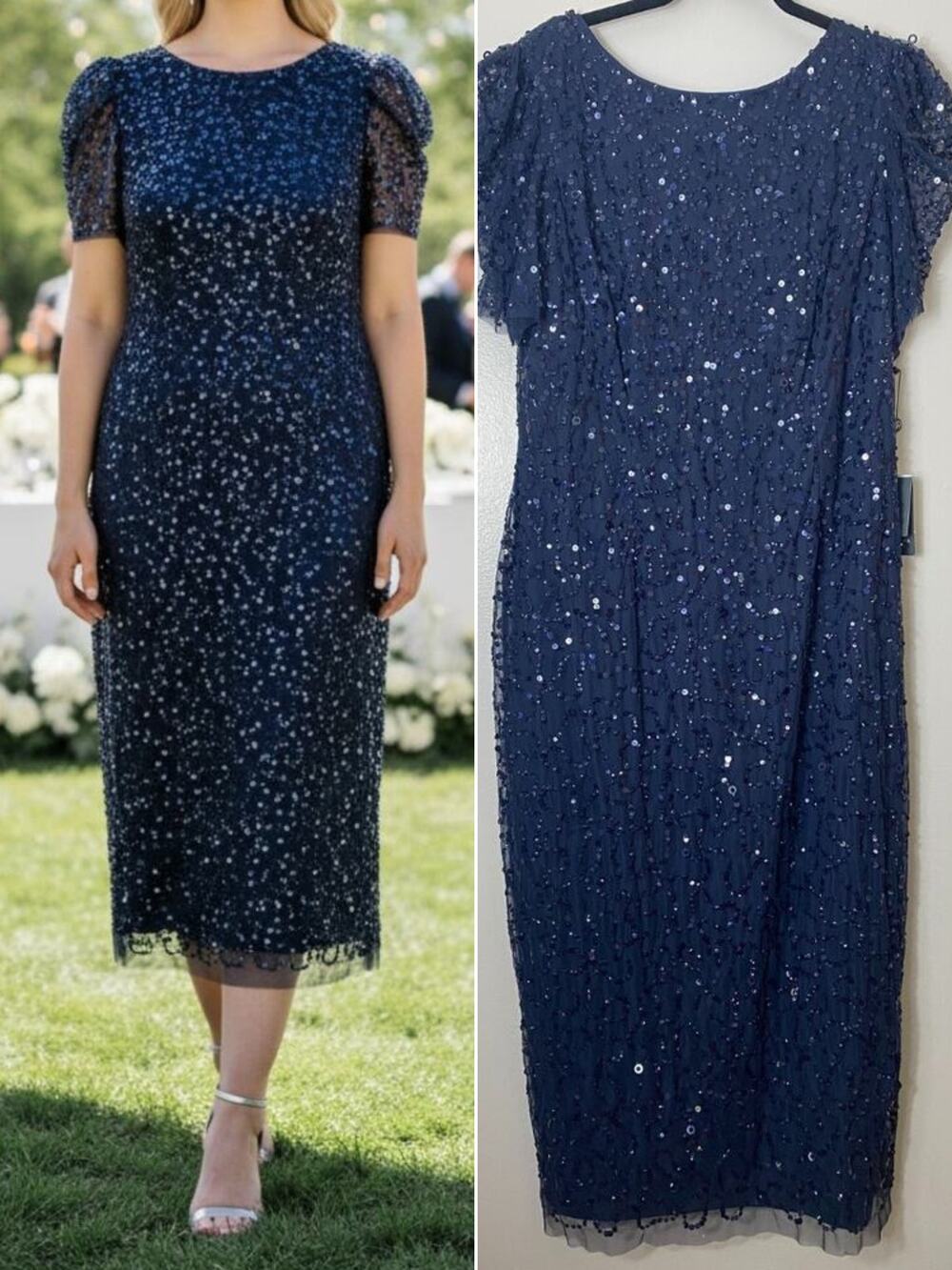 Adrianna Papell Navy Sequin Beaded Dress Wedding Guest Mother of the Bride
